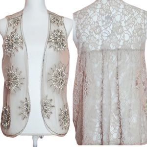 Chico’s Beige Ecru Lace Beaded Vest Sz 1 Boho Festival Sheer Hippie